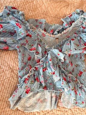 Free People Light Blue Floral Ruffle Crop Top